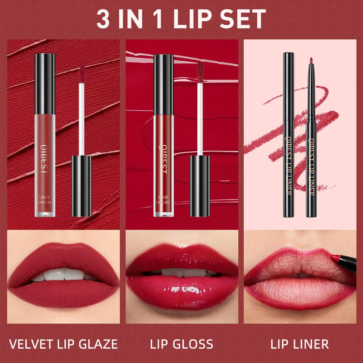 Black Matte Liquid Lipstick Trio 3-in-1 Lip Set