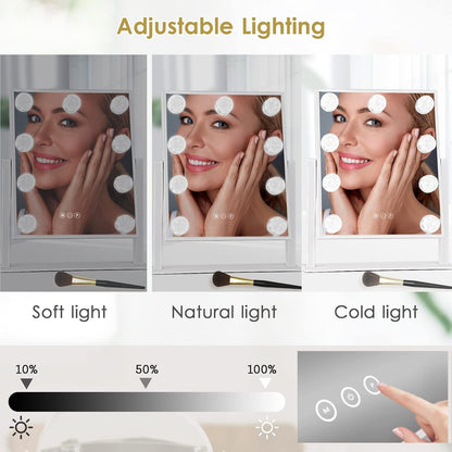 Vanity Mirror with Lights, Hollywood Lighted Makeup Mirror with 3 Color Modes and 9 Dimmable Diamond LED Light Bulbs, Detachable 10X Magnification, 360° Rotation, Touch Control, White