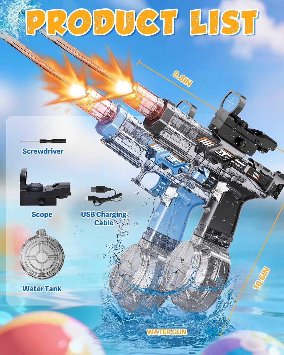 Electric Water Gun Fire Flash Upgraded, 320 Capacity Water Pistol Toy Squirt Gun for Kids Adults, Summer Outdoor Toy Yard Beach Swimming Water Play Toys (Black)