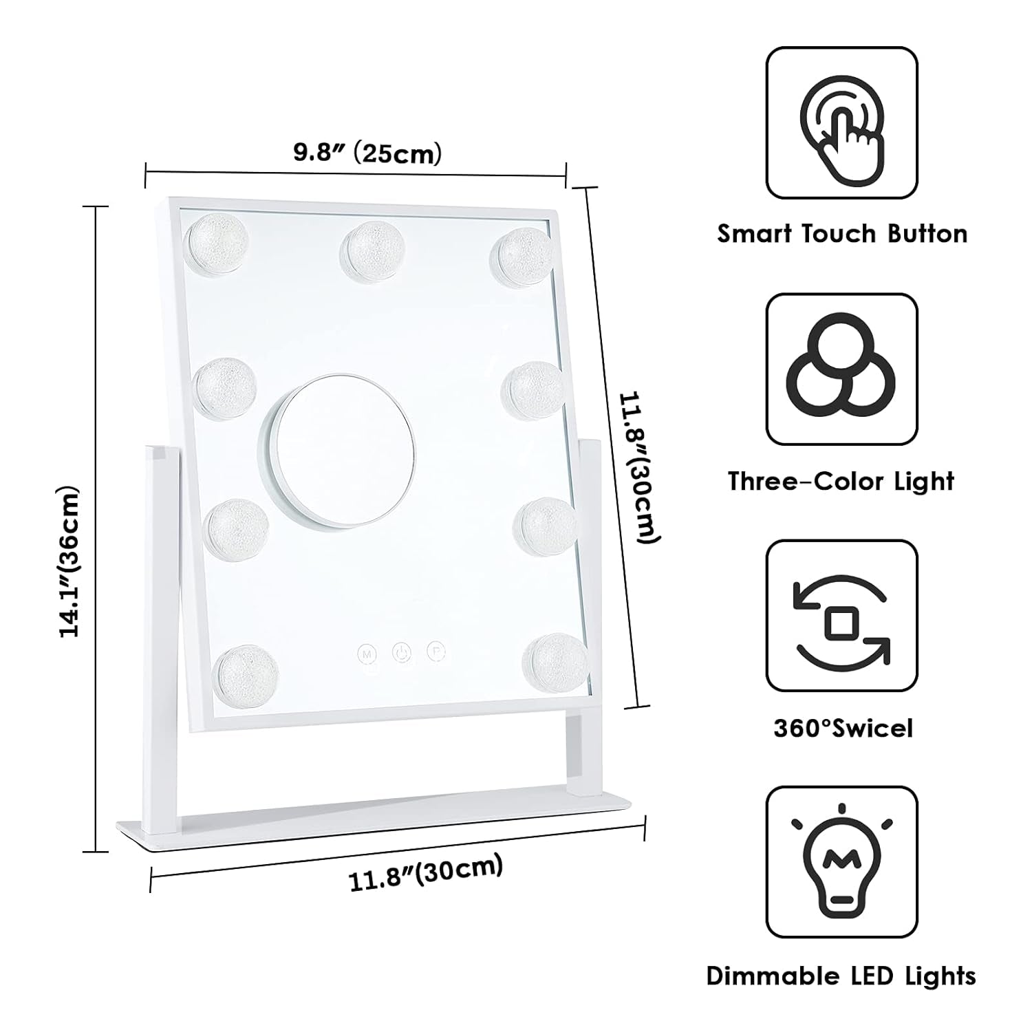 Vanity Mirror with Lights, Hollywood Lighted Makeup Mirror with 3 Color Modes and 9 Dimmable Diamond LED Light Bulbs, Detachable 10X Magnification, 360° Rotation, Touch Control, White