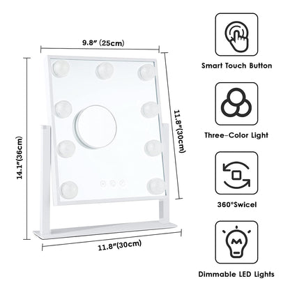 Vanity Mirror with Lights, Hollywood Lighted Makeup Mirror with 3 Color Modes and 9 Dimmable Diamond LED Light Bulbs, Detachable 10X Magnification, 360° Rotation, Touch Control, White