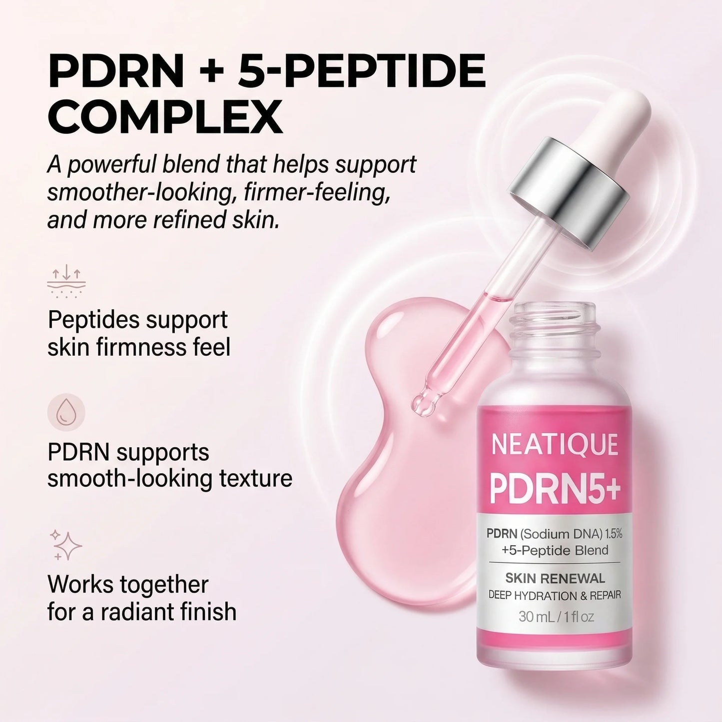 PDRN Serum by , PDRN (Sodium DNA) 1.5% + 5-Peptide Blend, Hydrating Face Serum, Moisture Barrier Support, Smooth & Plump-Looking Skin, Lightweight Essence, 1 Fl Oz (30 Ml)