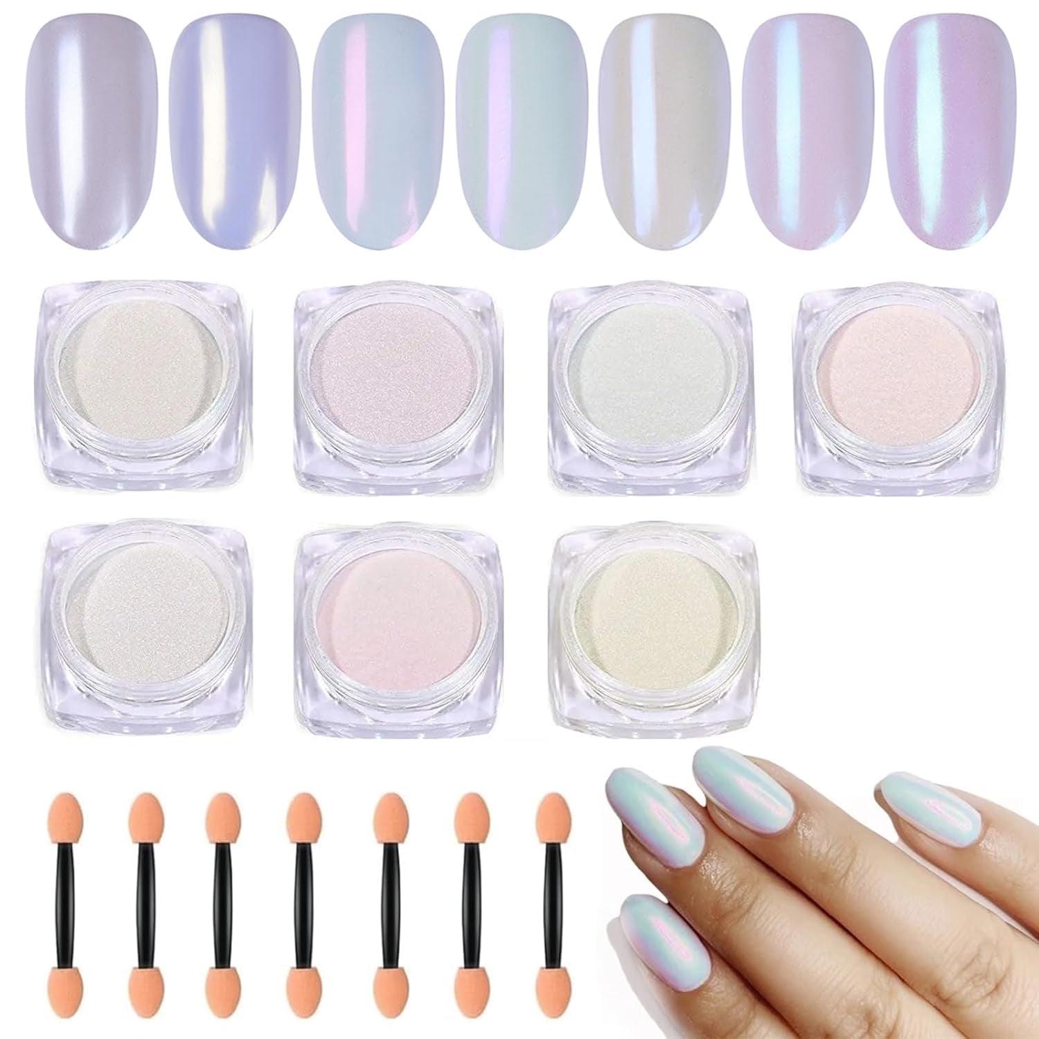 7 Color Symphony Mermaid Pearl Neon Ice Aurora Dust - White High Glossy Metallic Mirror Effect Nail Powder