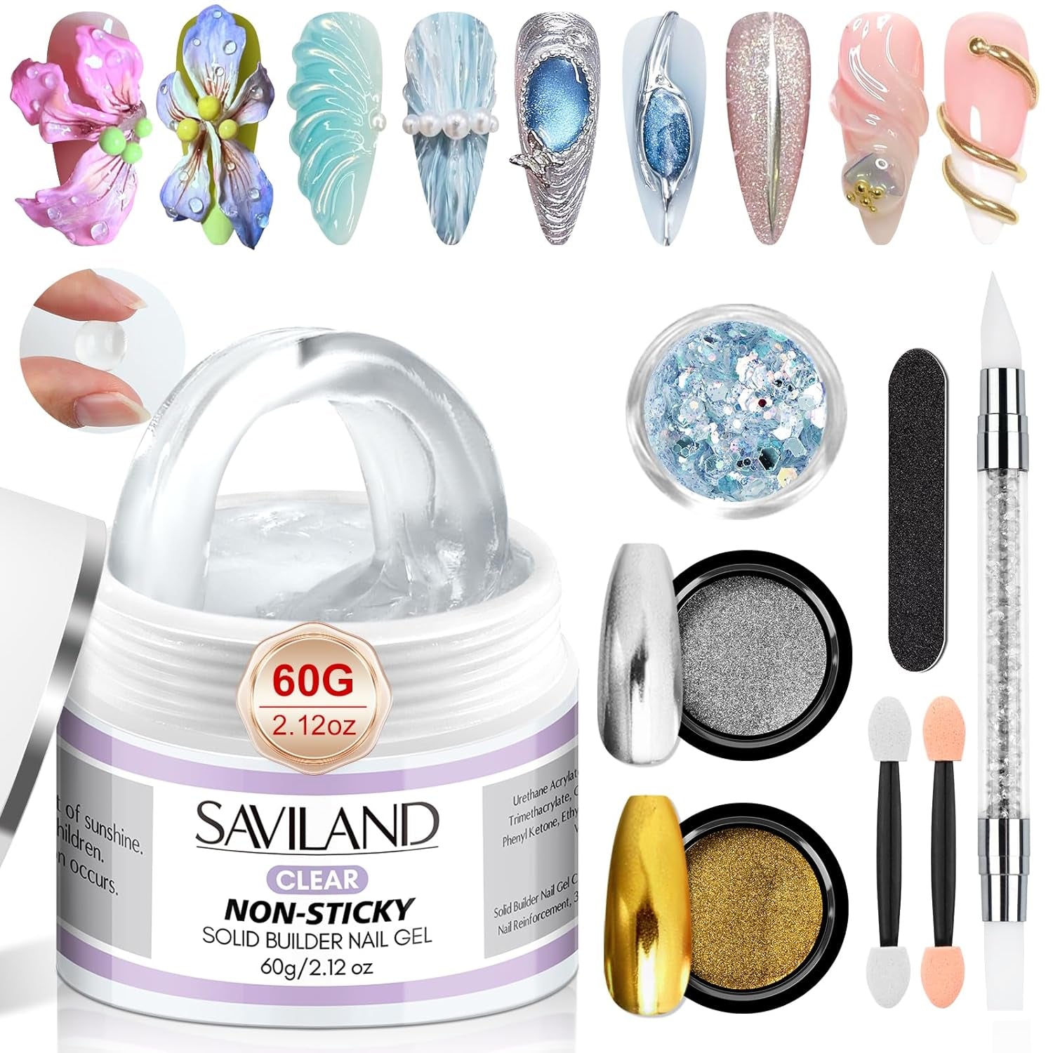 Solid Builder Nail Gel - 60G Large Capacity 3D Nail Gels Sculpting Gel for Art Non-Sticky Hand Carving Glue Extension with Sequins Chrome Powder DIY Salon Home