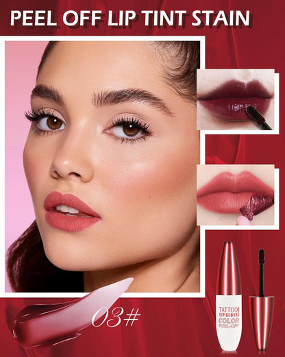 Peel off Lip Stain - Red Matte Lip Liner Stain Waterproof Long Lasting 24H, Highly Pigmented Lip Tattoo Peel off Lip Tint Stain, Transfer-Proof and Non-Stick Cup, Liquid Lip Gloss Makeup for Women-03