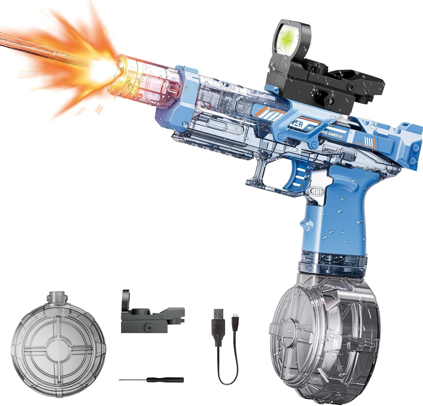 Electric Water Gun Fire Flash – 320ml, LED Light-Up, Rechargeable Squirt Gun for Kids & Adults