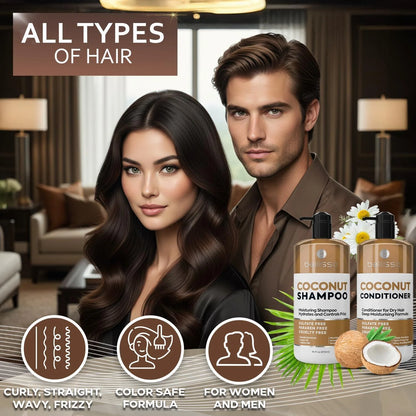 Coconut Shampoo and Conditioner Set 16 Fl Oz Set of 2 Sulfate Free Deep Moisturizing Hydrating anti Frizz Formula for Women and Men Professional Salon Grade Dry Damaged Hair Care Products