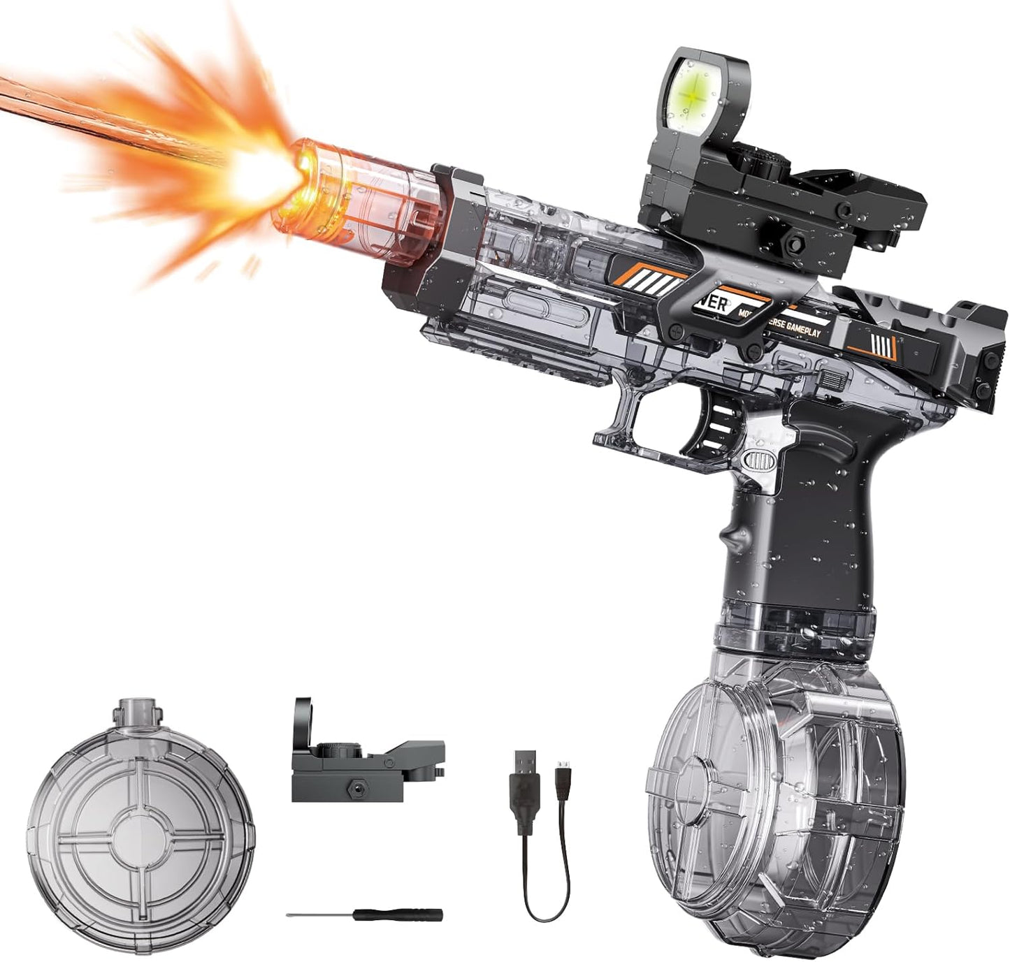 Electric Water Gun Fire Flash – 320ml, LED Light-Up, Rechargeable Squirt Gun for Kids & Adults