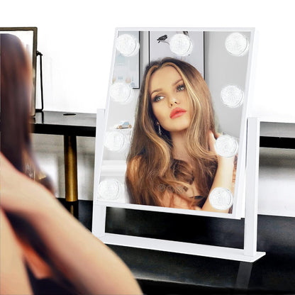 Vanity Mirror with Lights, Hollywood Lighted Makeup Mirror with 3 Color Modes and 9 Dimmable Diamond LED Light Bulbs, Detachable 10X Magnification, 360° Rotation, Touch Control, White