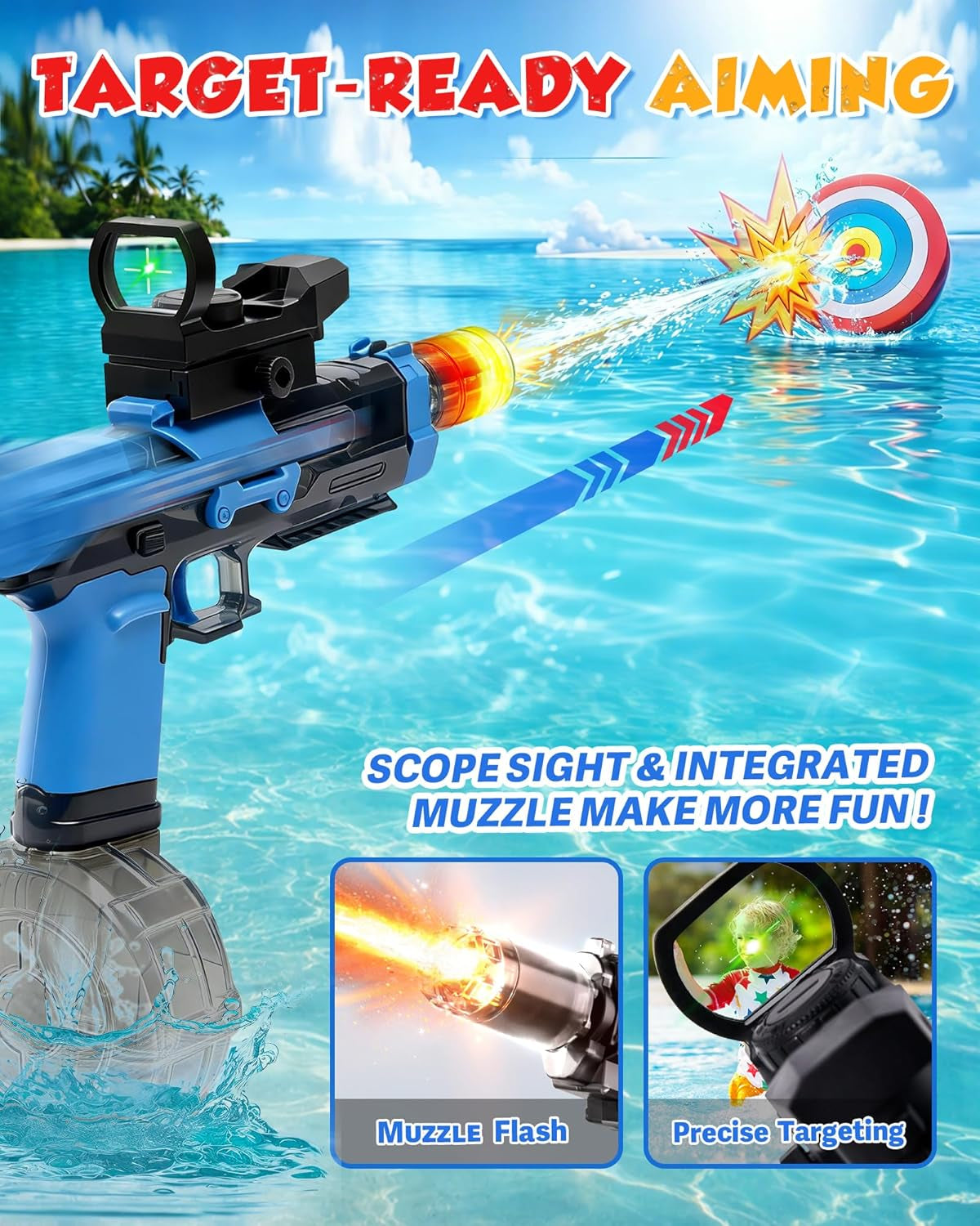 Electric Water Gun Fire Flash Upgraded, 320 Capacity Water Pistol Toy Squirt Gun for Kids Adults, Summer Outdoor Toy Yard Beach Swimming Water Play Toys (Black)