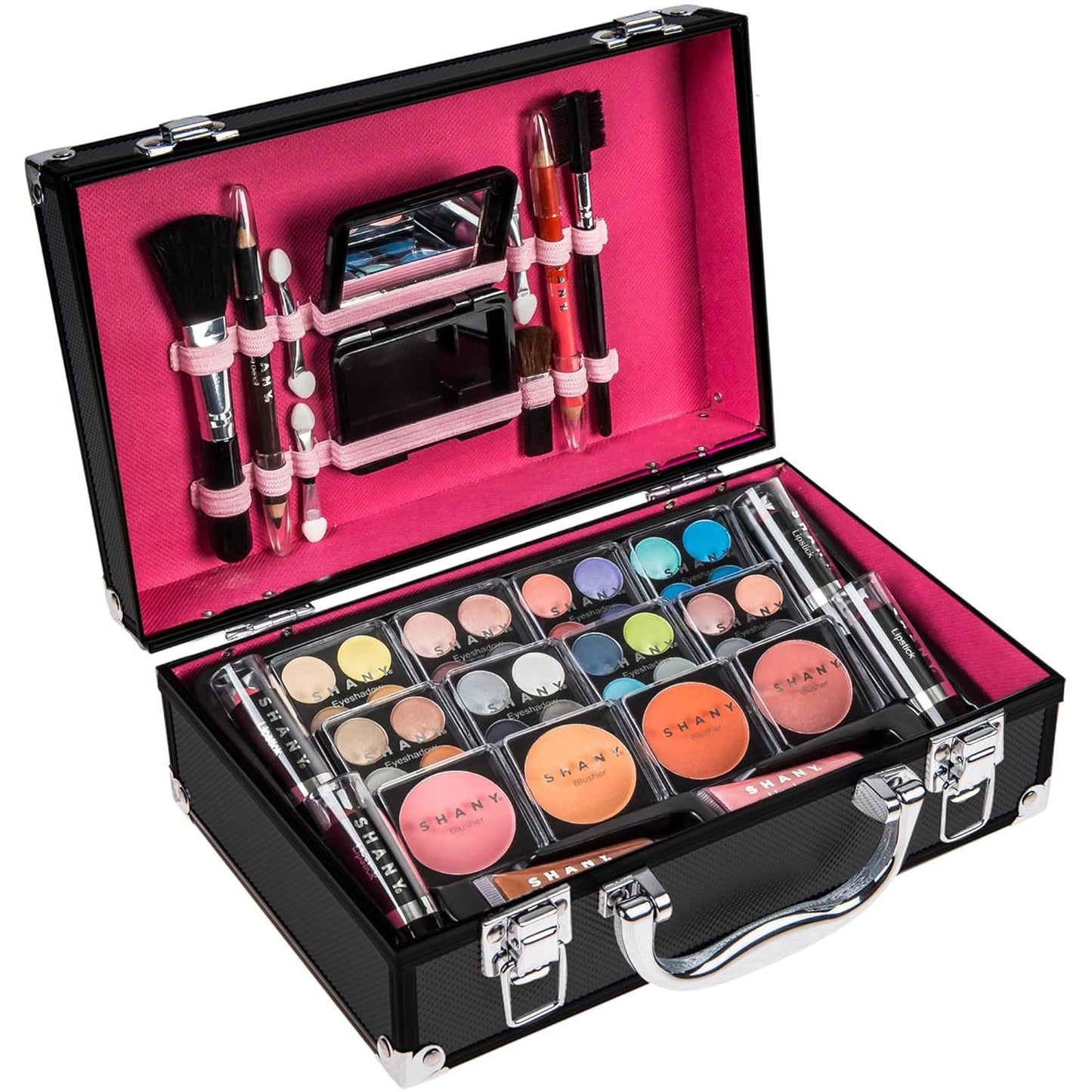 Carry All Make up Train Case with Pro Makeup Set, Beauty Brushes, Lipsticks, Eye Shadows, Blushes, Powders, and More - Reusable Cosmetics Storage Organizer - Premium Gift Packaging - Black